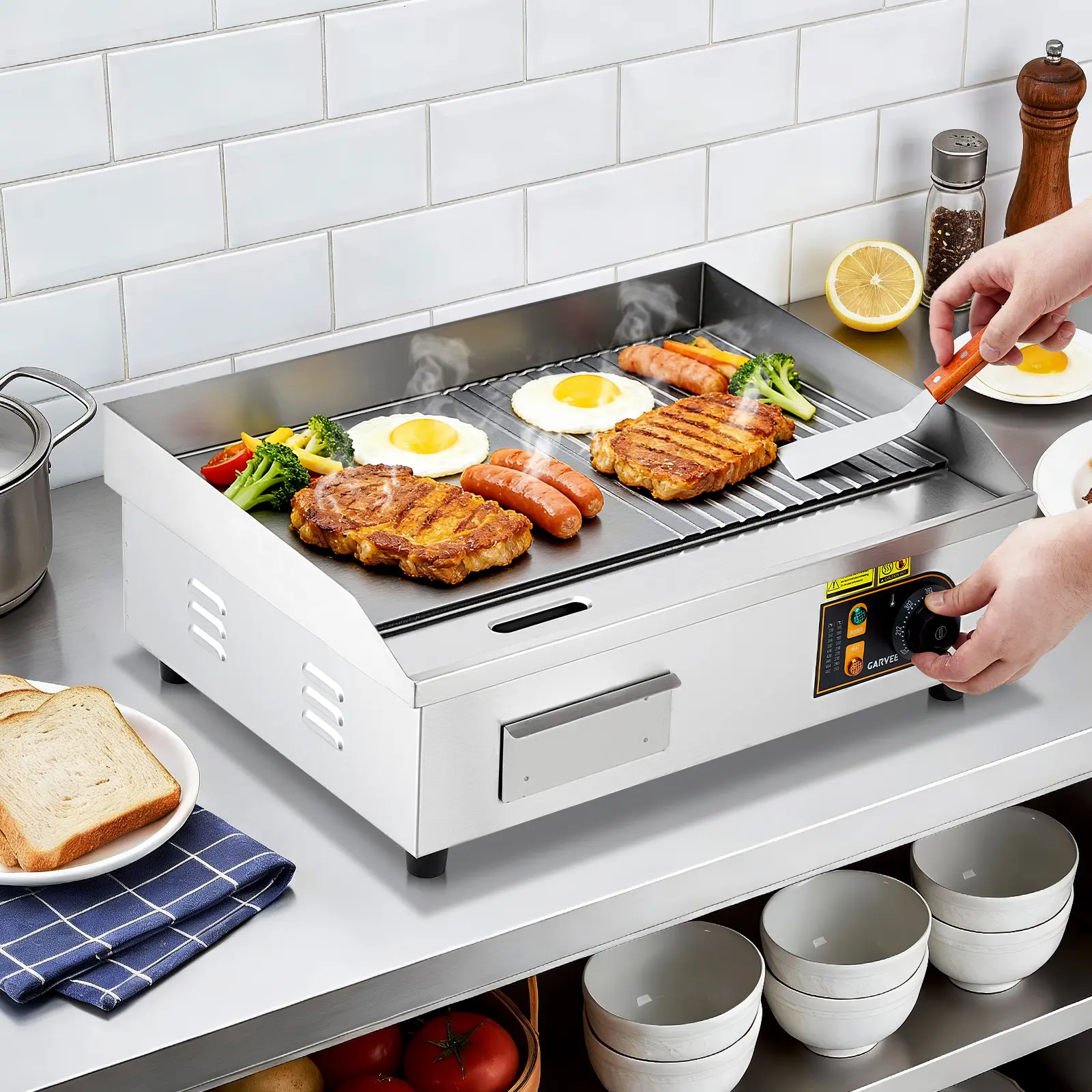 Commercial Electric Countertop Griddle, 22" Flat Top Grill - 1700W - Dual Temp Control 120-5700F - Half Flat & Grooved Cast Iron Nonstick Plate - SS Body, Drip Tray, 2 Spatulas/2 Brushes