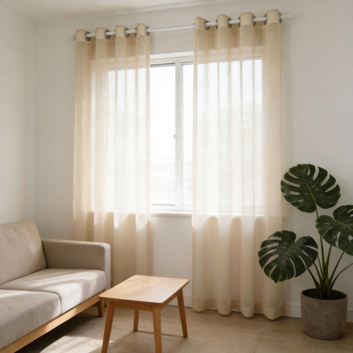 2pcs Creamy Sheer Voile Curtain, Living Room Bedroom Style Perforated Floor-To-Ceiling Window Shade, Balcony Semi-Transparent Curtain