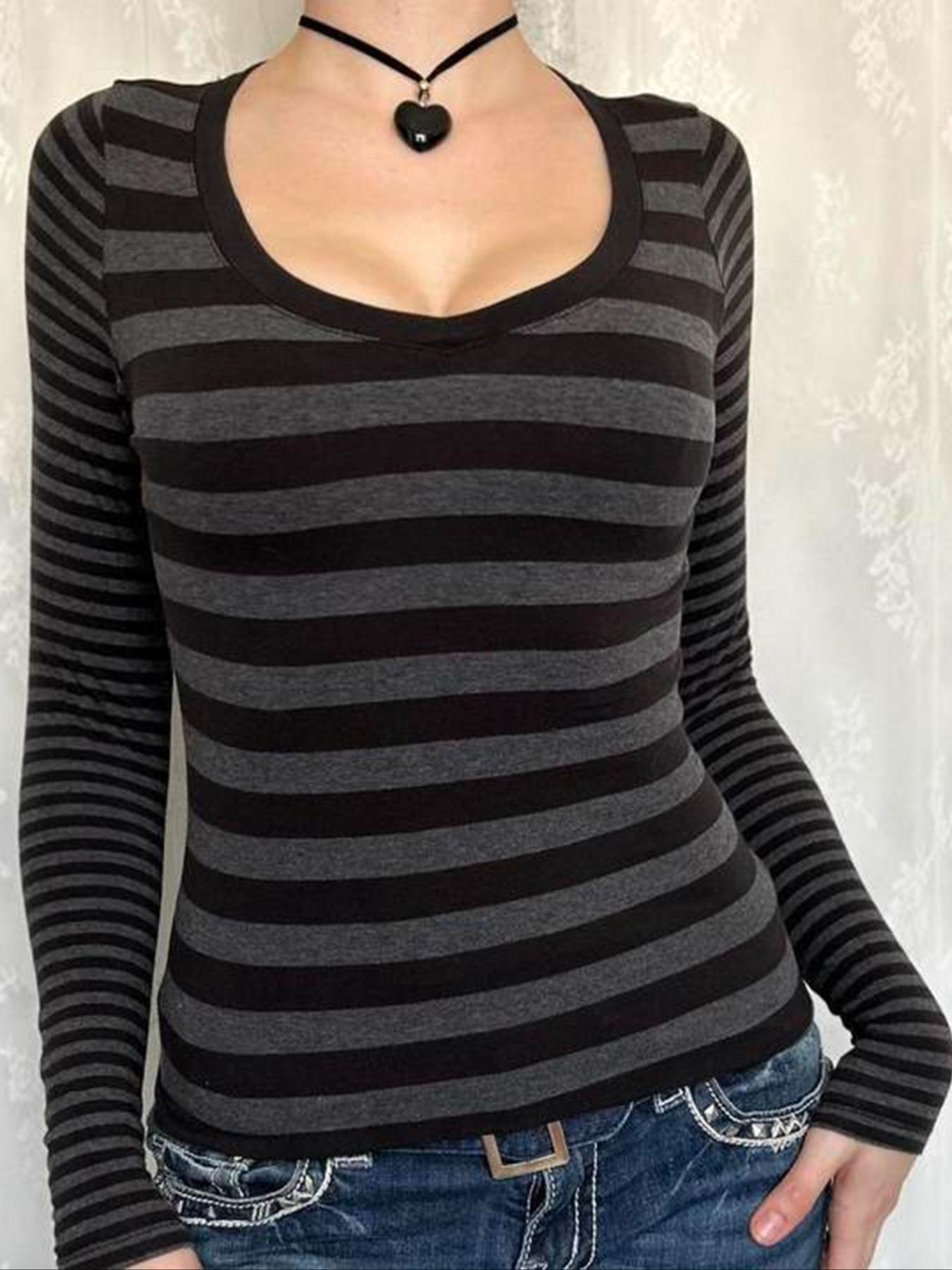 Women's Fall Winter Striped Long Sleeve Knit T-Shirt, Comfortable Casual Slim Fit Top, Perfect for Home & Outdoor Wear