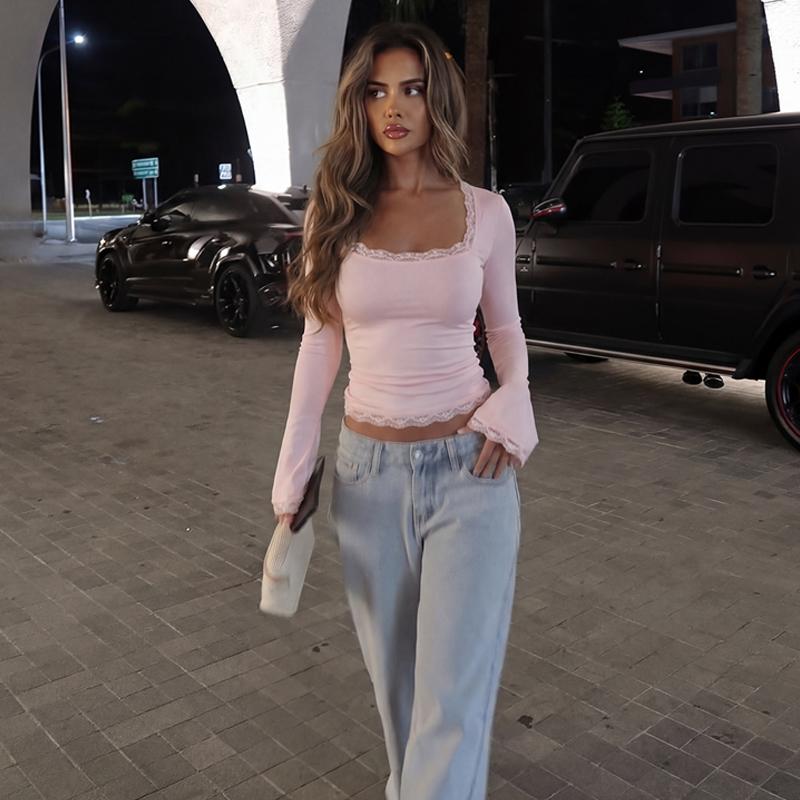Women's Square Neck Top, Solid Lace Trim Long Sleeve T-Shirt, Elegant Chic Plain Flared Sleeves Slim Fit Crop Top for Spring, Fall and Winter, Womenswear, Blouses Shirts Tops, Casual Elegant Classy, Perfect for Parties, Dates and Everyday Wear