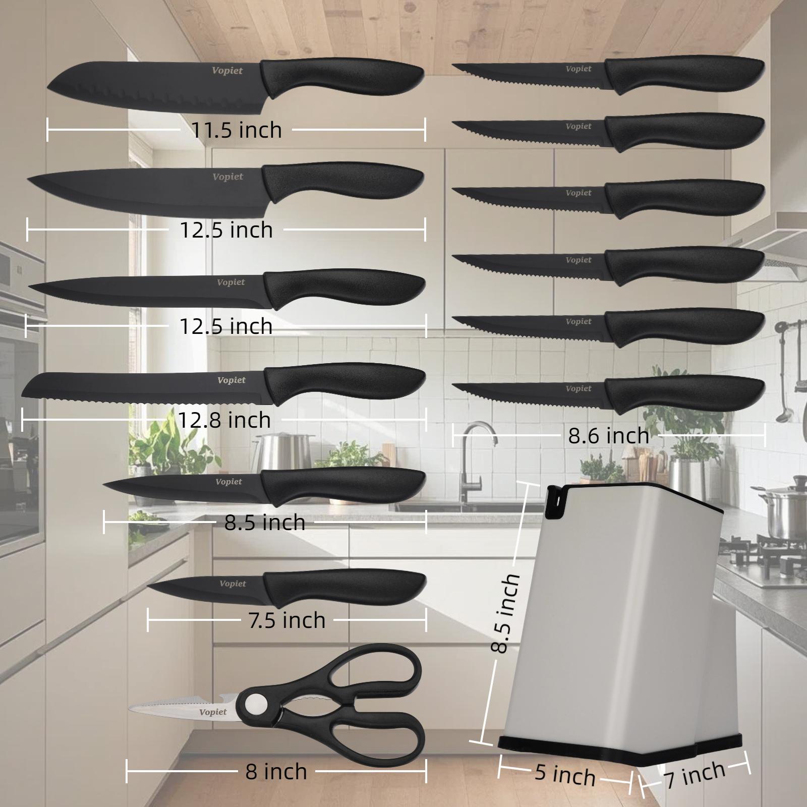 15 Pieces, Knife Set, Plastic Handle, Plastic Storage Holder,  Scissors, with Sharpener, Meat and Vegetable Cutter, Steak Cutter, Washable, Gift Set Utensils Modern Kitchen Container