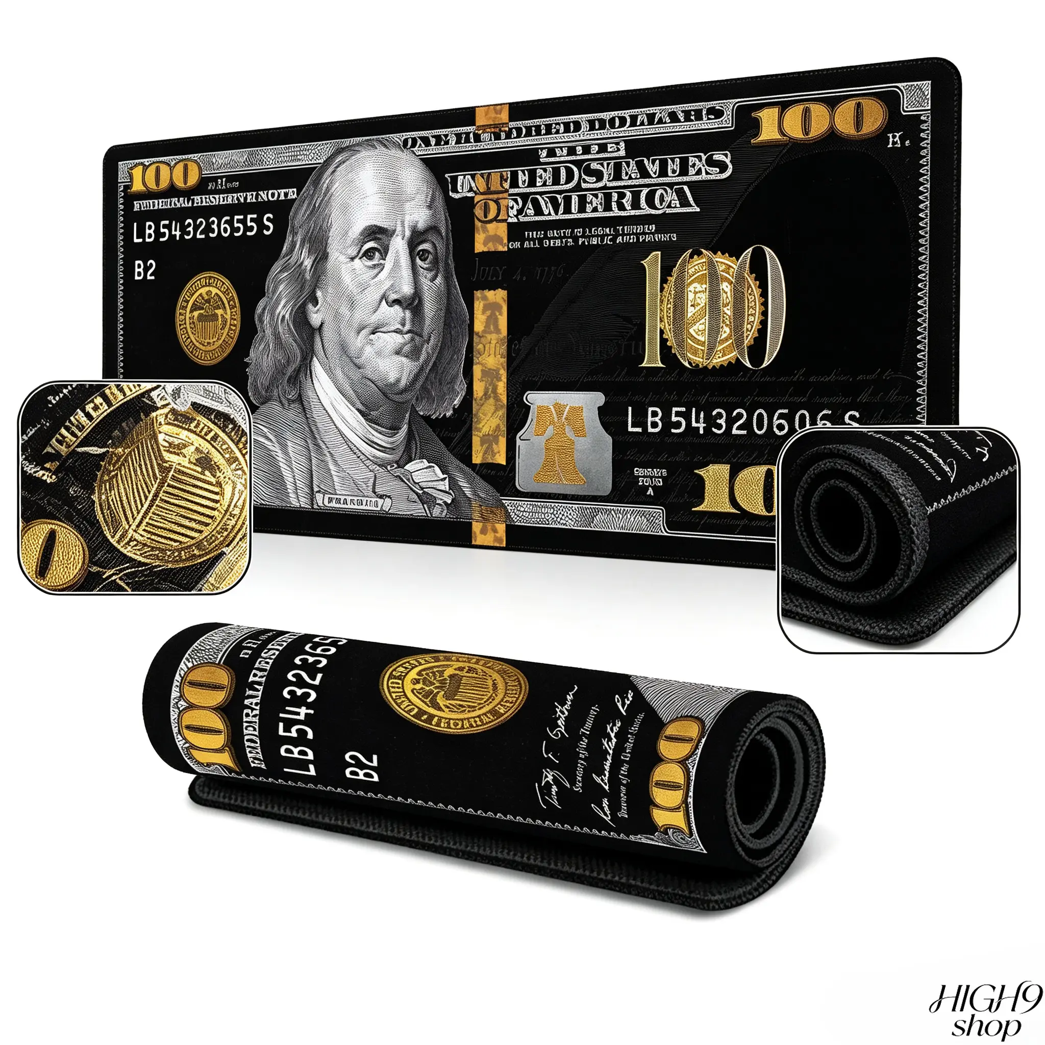 Black Gold 100 Dollar Bill Extended Gaming Mouse Pad, Creative Benjamin Franklin Money Design Large Desk Mat, Non-Slip Rubber Lock Edge Mousepad for Gaming Office, Trendy Desktop Decor Accessory
