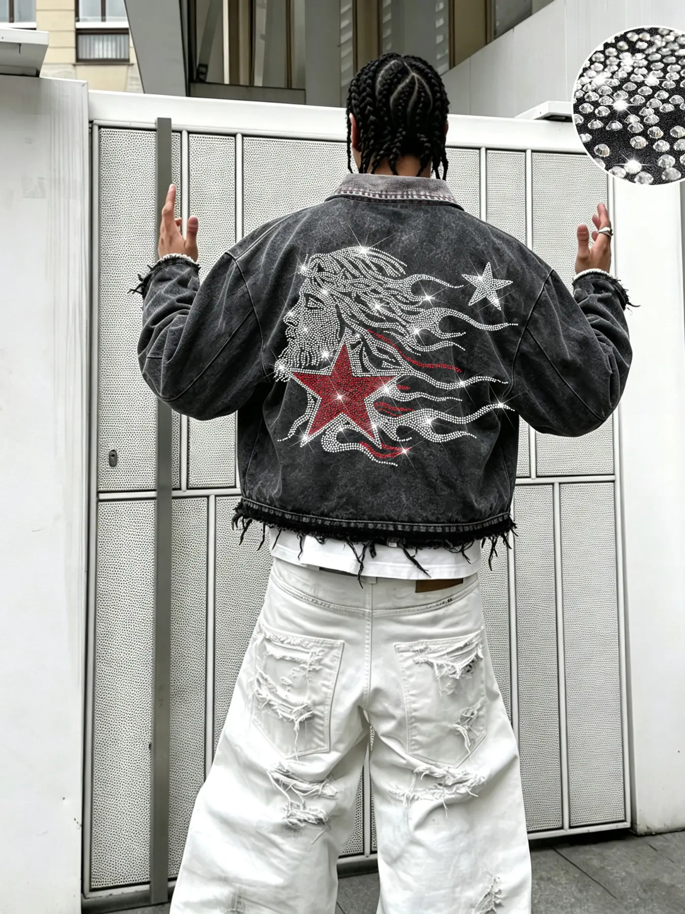 Men's Distressed Short Jean Jacket, Back Rhinestone Star Pattern, Frayed Hem, Loose Fit, Streetwear Style, Trendy Denim Coat