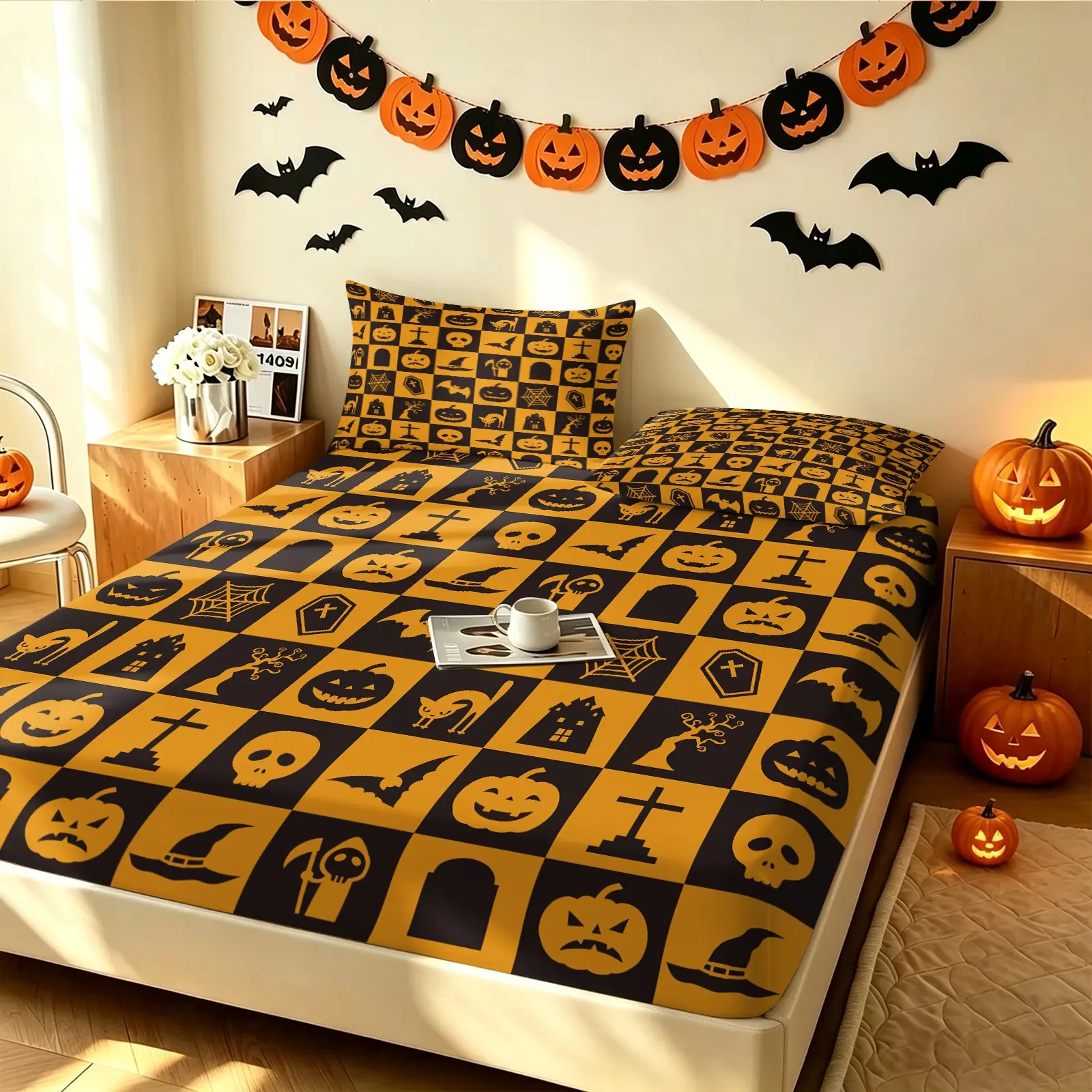 Halloween Checkerboard Fitted Sheet Set, Spooky Holiday Print Bed Sheets Set, 1 Fitted Sheet & 2 Pillowcase No Filling, Soft Deep Pocket Bedding Set, Gift for Teens Boys Girls Bedroom Decor