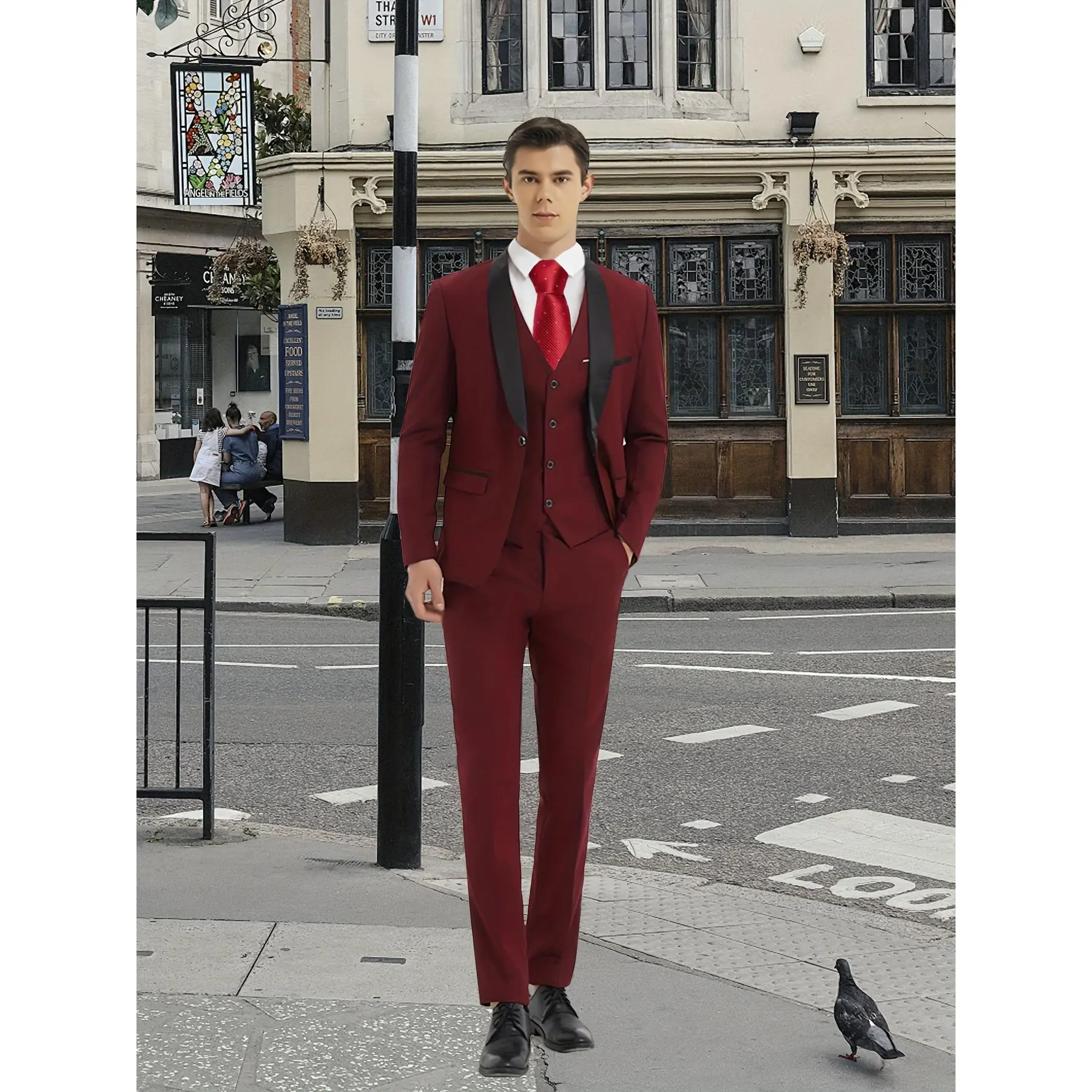 LIVEZOU Men's 4-Piece Slim Fitted British Classic Suit Set - Button Front Blazer, Vest, Formal Trousers, Red Tie, Rayon Blend Wrinkle-Resistant Medium Length Plain Office Workwear