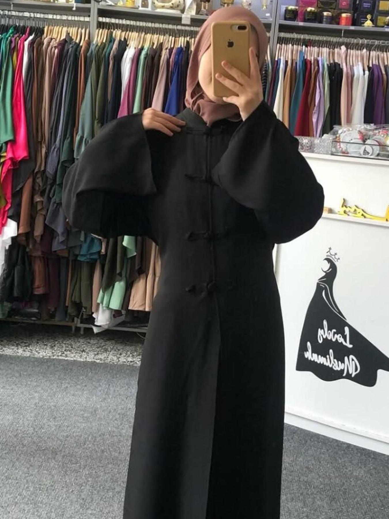 Women's Ramadan Muslim Abaya Solid Color Elegant Cardigan + Long Sleeve Dress Set, Casual Slim-Fitting Two-Piece, Modest Muslim Outfits, No Hijab Included