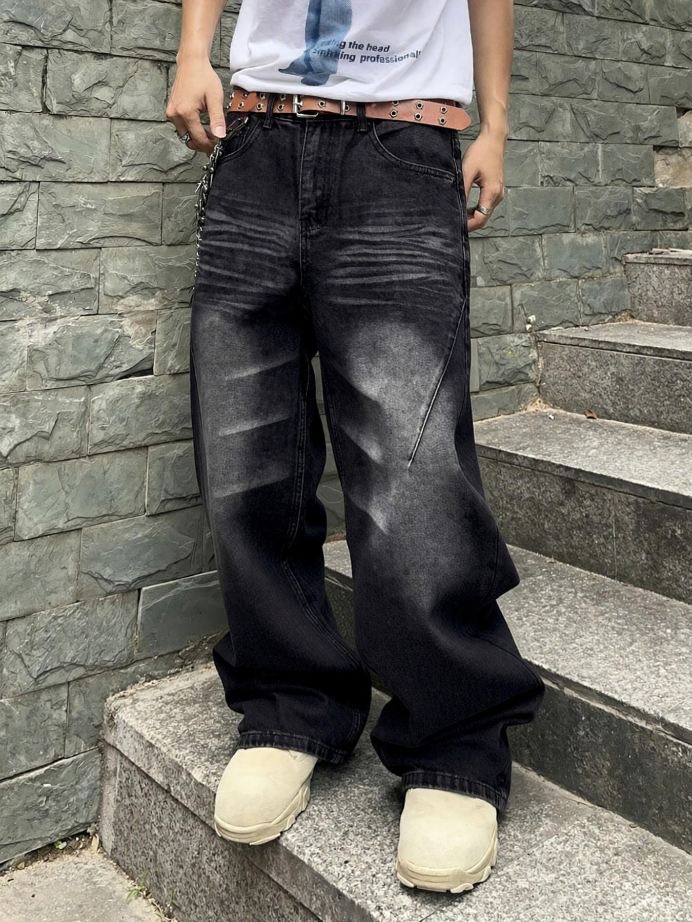 Y2K Retro Black Stone Washed Loose Jeans, Men's Streetwear Hip-Hop Casual Pants, Wide-Leg Loose Jeans with Distressed Effect, for Leisure Daily Wear