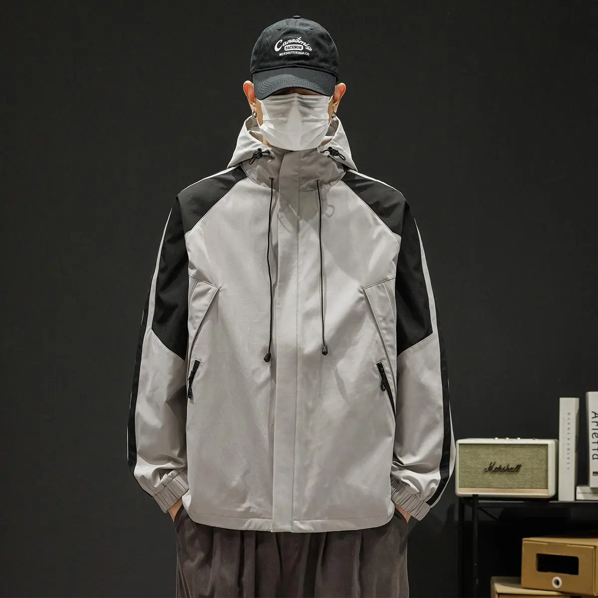 Men's Color Blocked Striped Hooded Windbreaker Jacket - Full Zipper, Adjustable Drawstring, Elastic Cuffs, Windproof Waterproof Lightweight Polyester, Medium Length Plain Hoodie Jacket, Loose Streetwear, Machine Wash Daily Commuting Outerwear