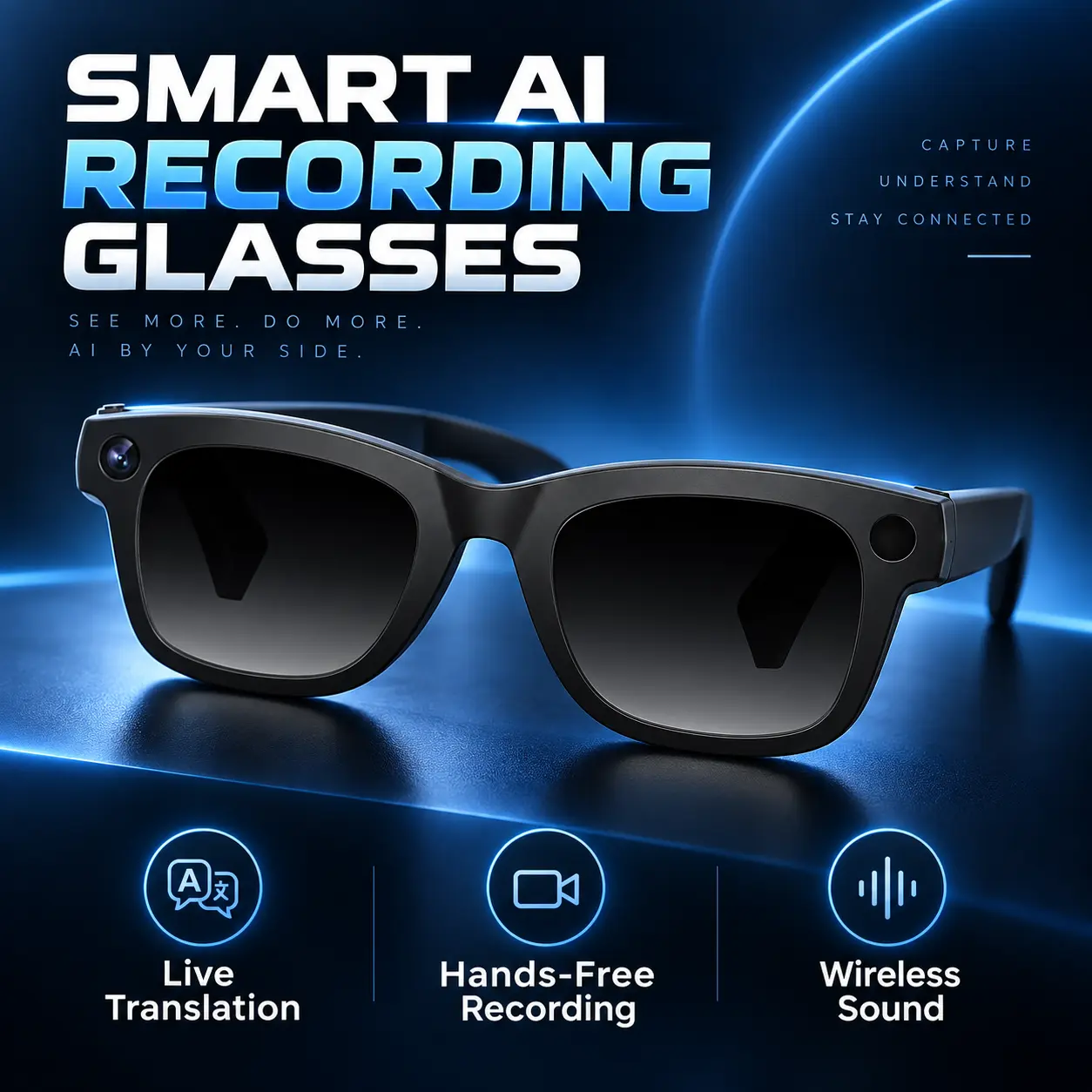 AI Smart Camera Glasses with Built-In Video Recording, Real-Time Language Translation, Wireless Audio and Hands-Free Voice Control for Travel, School, Vlogging and Everyday Use