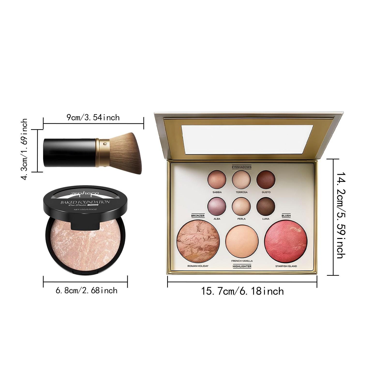 Makeup Palette Set, 4-in-1 Eyeshadow Highlighter Contour Blush with 15g Baked Foundation & Makeup Brush, Natural Long-Lasting Full Face Makeup Kit