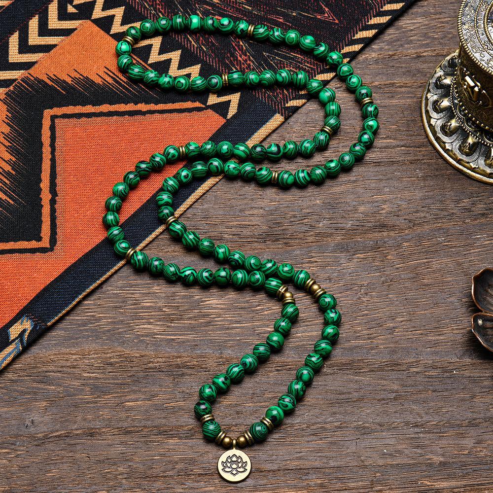 Genuine Stone 8mm Green Malachite 108 Mala Beads Money Attraction Bracelet - Unisex Long Beads Wrap Bracelet with Lotus Buddha Charm - Daily Wear Yoga Meditation Jewelry Ideal Gift