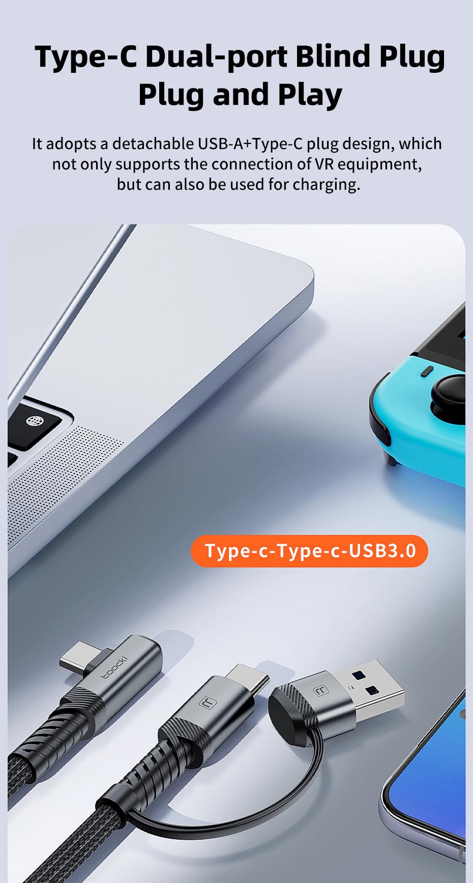 Toocki 5m VR Link Cable 2-in-1 USB A USB C to Type C PD USB3.0 Data Transfer Elbow Wire For Quest3/Quest2/Pro/Pico4 Accessories 90 Degree Elbow USB C To Type C Link Cable