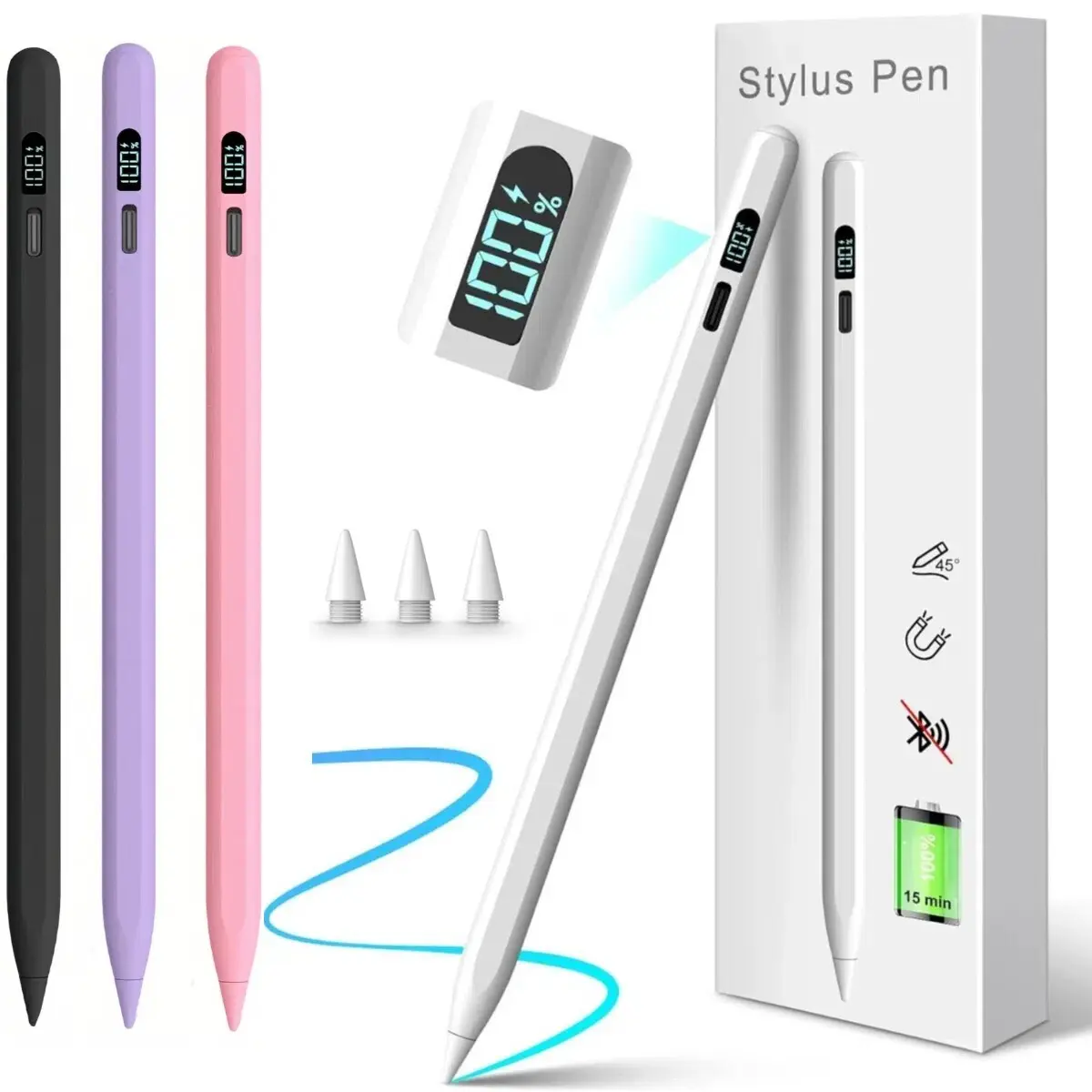LED Indicator Stylus Pen for iPad 10/9/8/7/6 Gen, Pro M4 11"/12.9", Air M2 5/4/3, Mini 6/5 | Fast USB‑C Charge, Palm Rejection, Tilt Sensitivity, Magnetic Adsorption, with 3 Replacement Tips