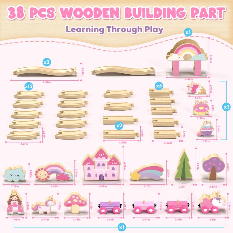 Lehoo Castle 38pcs72pcs Wooden Train Set, Train Set for kids, Wooden Train Track for Girls, Train Set with Tracks & Accessories, Unicorn Toys for Girls, Montessori Toys for Boys & Girls