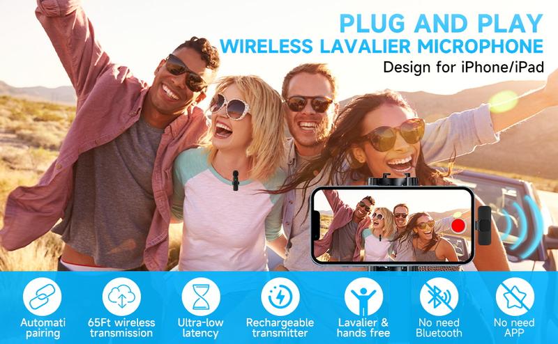2pcs Lavalier Wireless Microphone for iPhone iPad, Wireless Lapel Microphone with Clear Audio for Recording, Wireless Microphone for Video Recording, Game Live Streaming, Interviews, Vlog