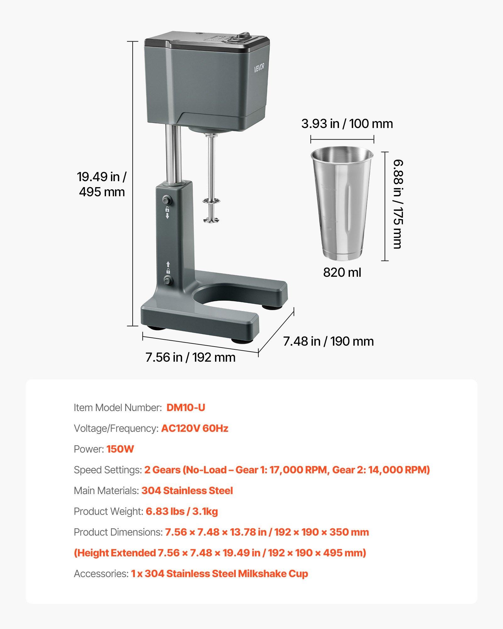 VEVOR Single-Head Stand Mixer - 150W (100 to 1199 W) AC120V Dual-Speed Steel & Plastic Milkshake Maker, 7.56× 7.48×13.78 In/ 192× 190× 350 Mm, 6.83 lbs, Stainless Steel Cup, No-Load Gear 1:17,000 rpm for Home Kitchen, Bar Beverage Shop