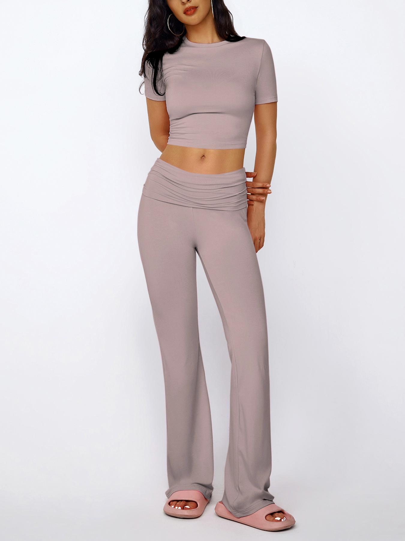 Women's Solid Round Neck Crop Top & Skinny Pants Loungewear Set, Summer Outfits 2024, Casual Comfy Pyjama Set for Women, Comfy Loungewear Set for Women Home Wear, Pyjamas for Women