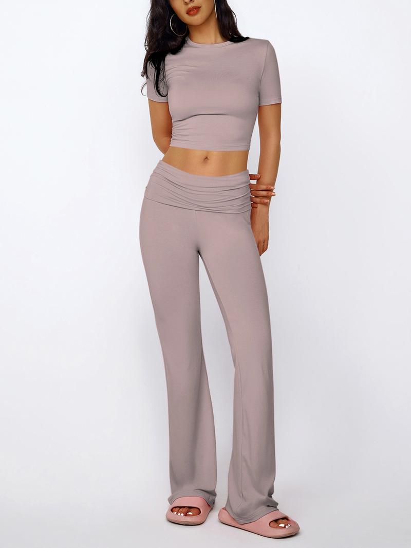 Women's Solid Round Neck Crop Top & Skinny Pants Loungewear Set, Summer Outfits 2024, Casual Comfy Pyjama Set for Women, Comfy Loungewear Set for Women Home Wear, Pyjamas for Women