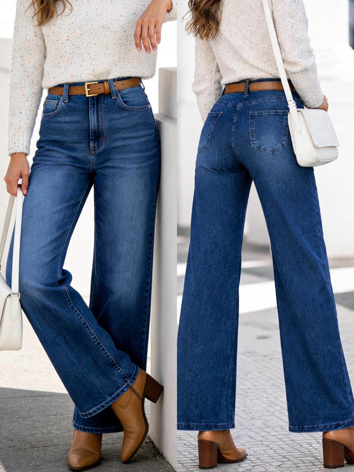 LEIJIJEANS Women's High-Waist Wide-Leg Jeans, Blue Washed Elastic Denim Pants for Spring-Fall Casual Commuter Daily Wear