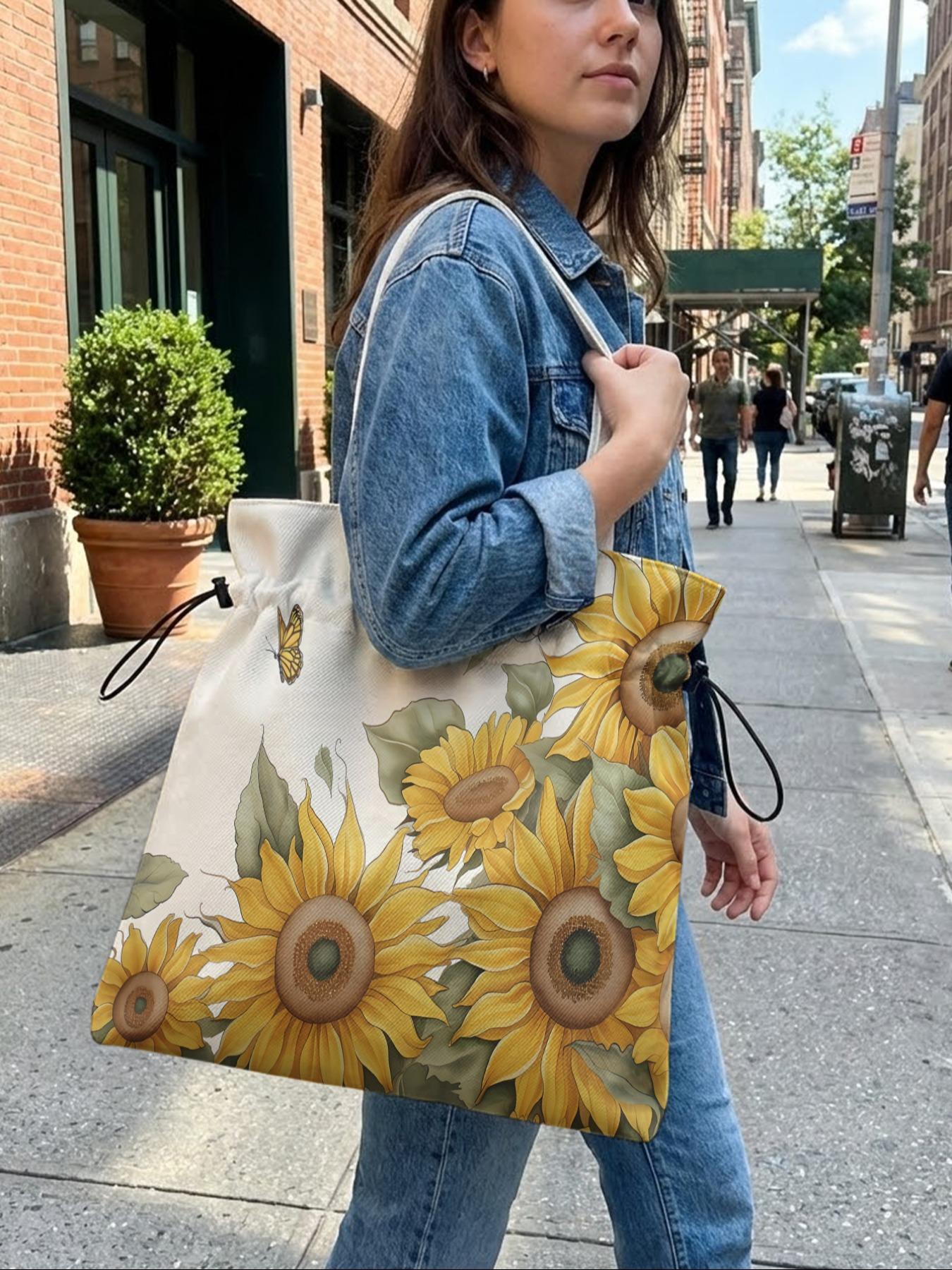 Sunflower Pattern Drawstring Tote Bag, Reusable Tote, Large Capacity Shopping Bag, Durable and Wear-Resistant, Casual Style for Work, Shopping, Picnic
