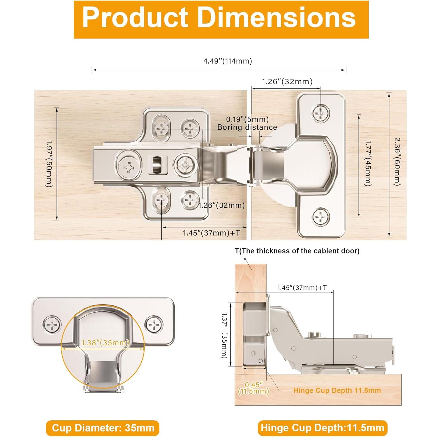 2 count Professional Grade Inset Soft Close Cabinet Hinges, Frameless Concealed European Style with Four-Hole Clip- Mounting Plate and Screws, Nickel Plated Finish
