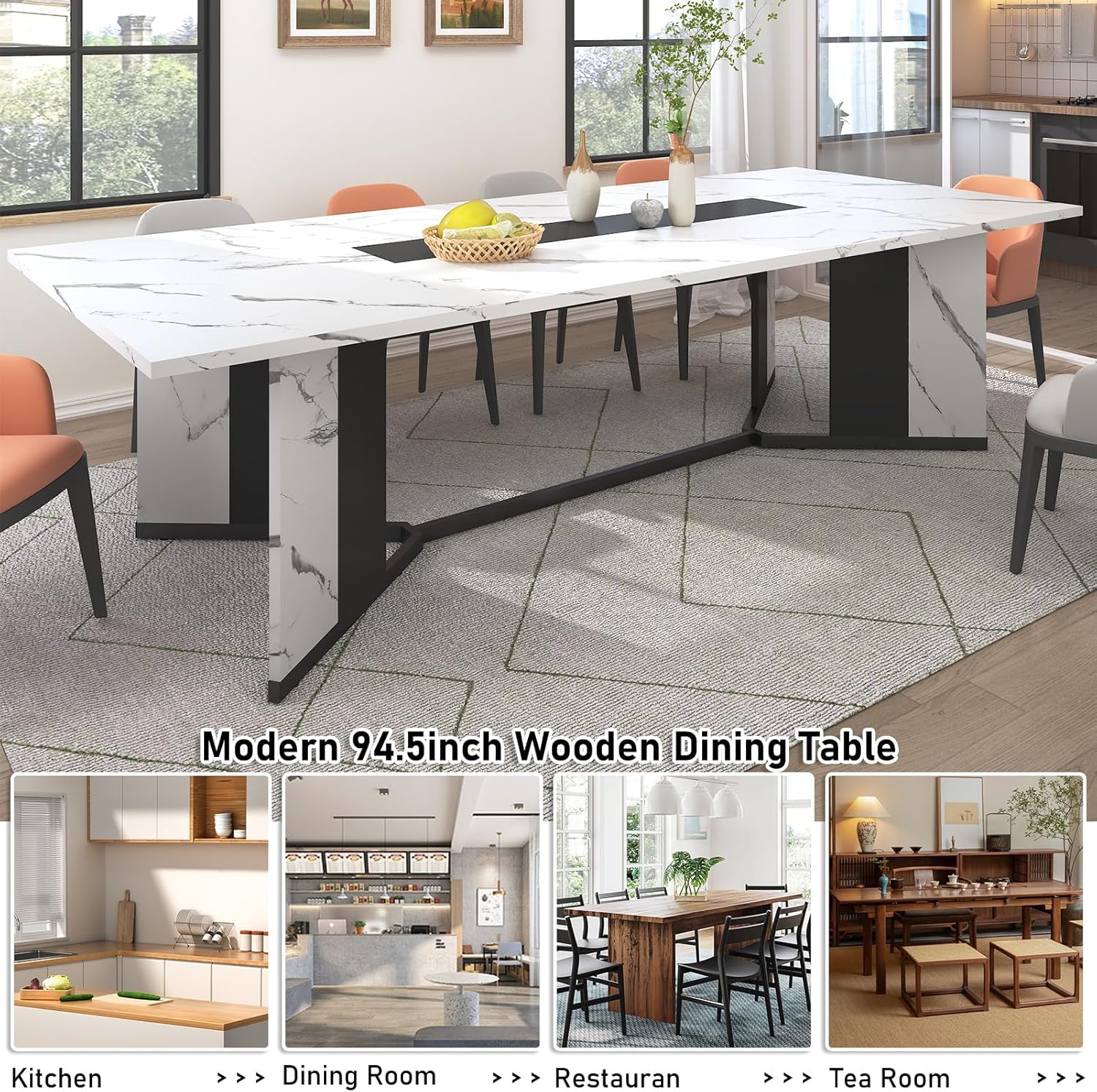 94 Inch Dining Table for 10 People,Modern Large Rectangular Kitchen Table W/Waterproof Wood Tabletop,Long Dining Room Tables W/Adjustable Legs&Metal Frame for Kitchen Living Room,Brown/White