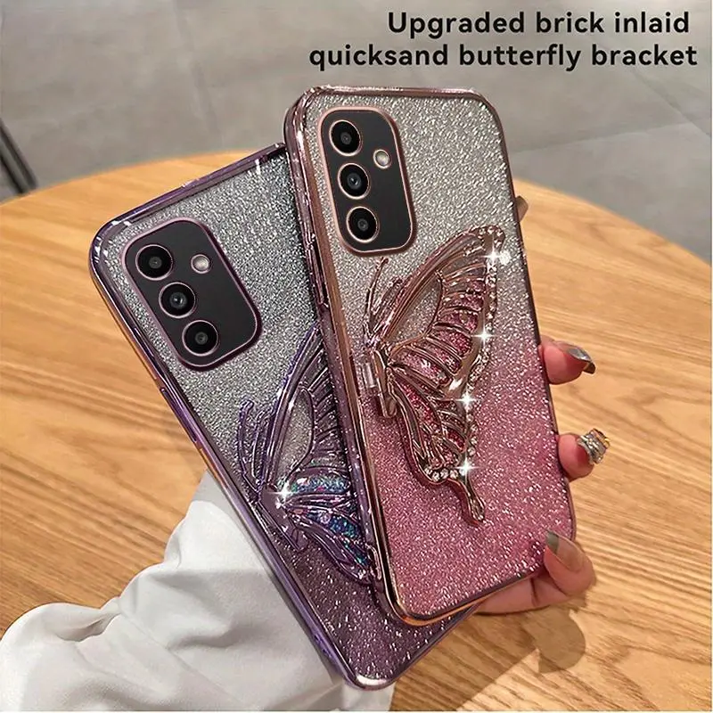 Phone case: Quicksand Butterfly Stand Electroplated Galaxy Phone Case - Drop Protection and  Protection - for Galaxy A03/A04/A05/A10/A11/A12/A13/A14/A15/A21/A24/A25/A31/A32/A33/A34/A35/A51/A52/A55/A71/4G/5G/S/e/Core Series Glitter Protective Case