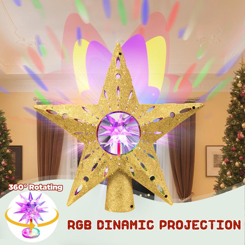 Golden Rotating Christmas Tree Topper with RGB LED Lights, 360° Spinning Diamond & Projection, Festive Tree Decoration with Power, Christmas Tree Topper with Lights, Christmas Decorations for Home Indoor, Candyland Christmas Tree Decorations