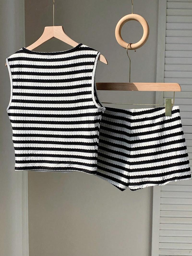 Two-piece Set Women's Striped Pattern  Tank Top & Shorts, Casual Sleeveless Round Neck Top & Shorts for Summer, Ladies Clothes for Daily Wear, Knitted Shorts Set