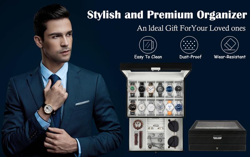 SUNNYGLADE 12 Slot PU Leather Lockable Watch Storage Boxes, Men & Women Jewelry Display Drawer Case, 2-tier Organizer Watch Showcase with Glass Lid (Black)
