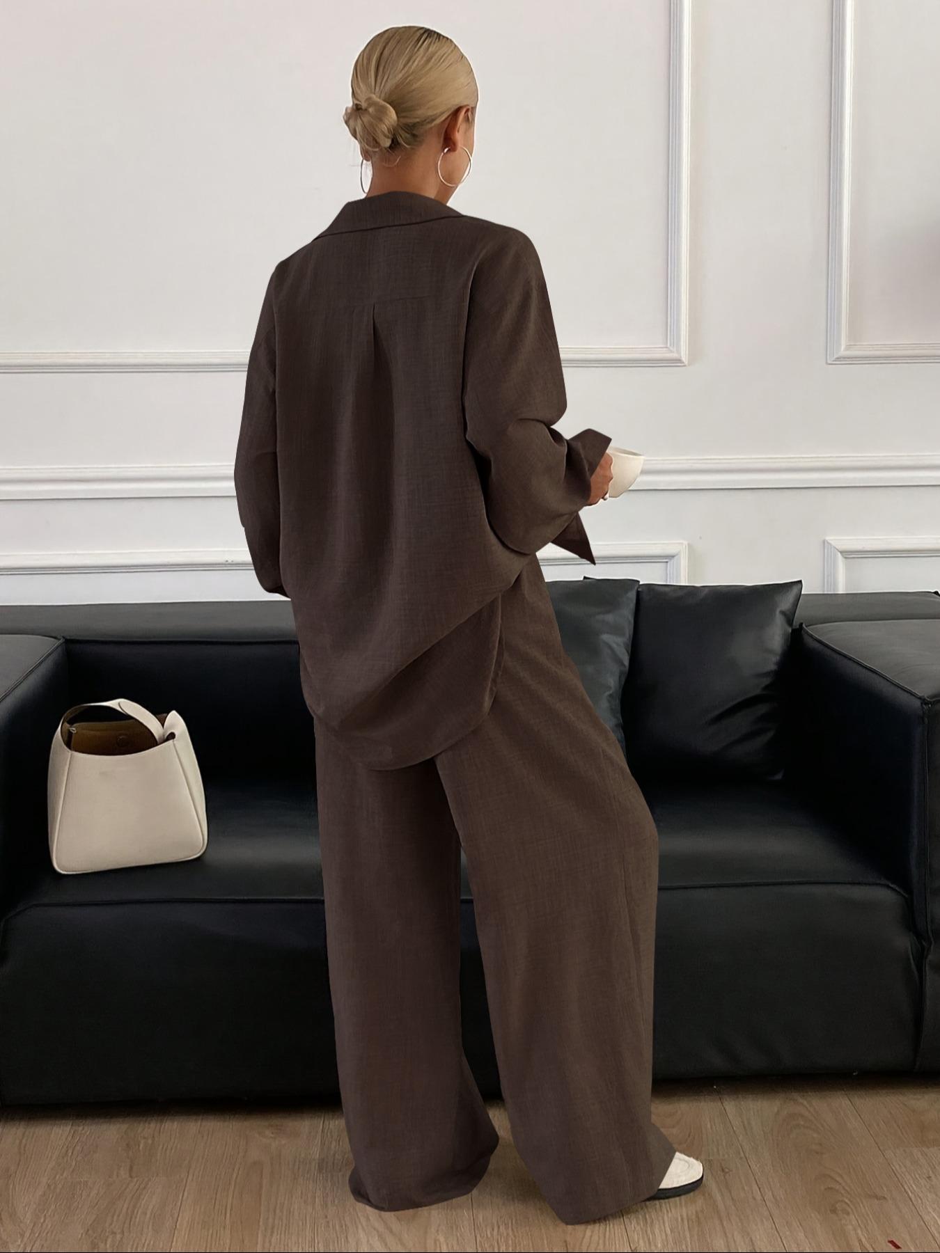 Women's Casual Sporty Shirt and Long Pants Set, Loose Button-Up Top and Wide-Leg Pants Two-Piece Set, Comfortable and Stylish Women's Casual Sporty Shirt and Long Pants Set, Loose Button-Up Top and Wide-Leg Pants Two-Piece Set, Comfortable and Stylish