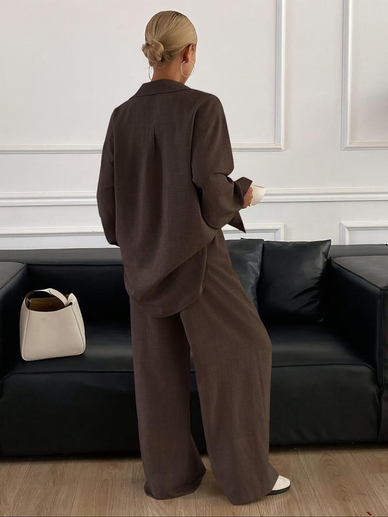 Women's Casual Sporty Shirt Long Pants Set, Loose Button-Up Top Wide Leg Pants Two-Piece Set, Comfortable and Stylish