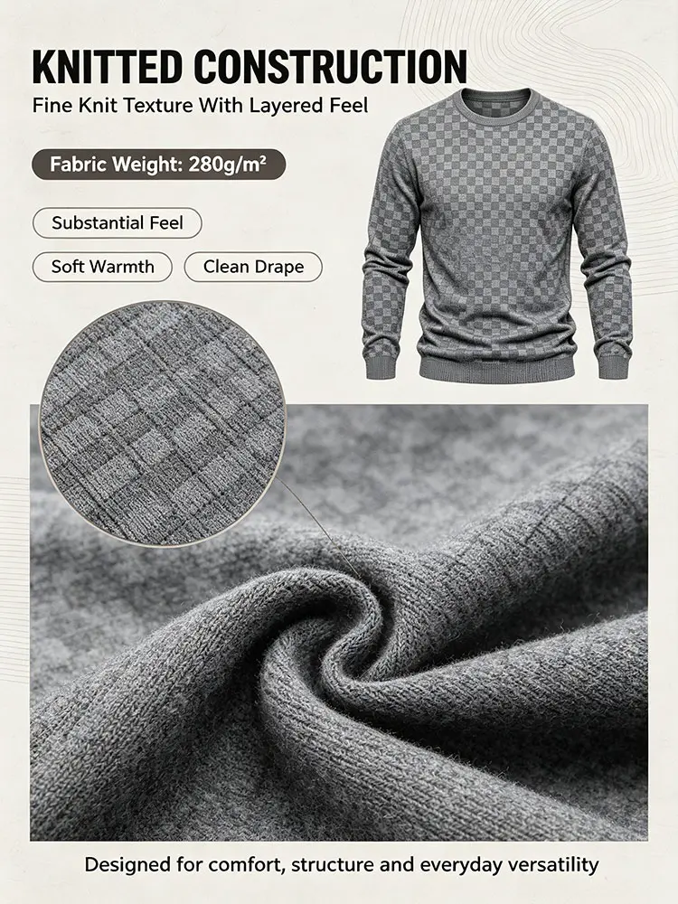 4-Pack Men's Plaid Knit Sweatshirts, Textured Grid Pattern Long Sleeve, Soft Lightweight Casual Top, Ideal for Fall Winter Streetwear