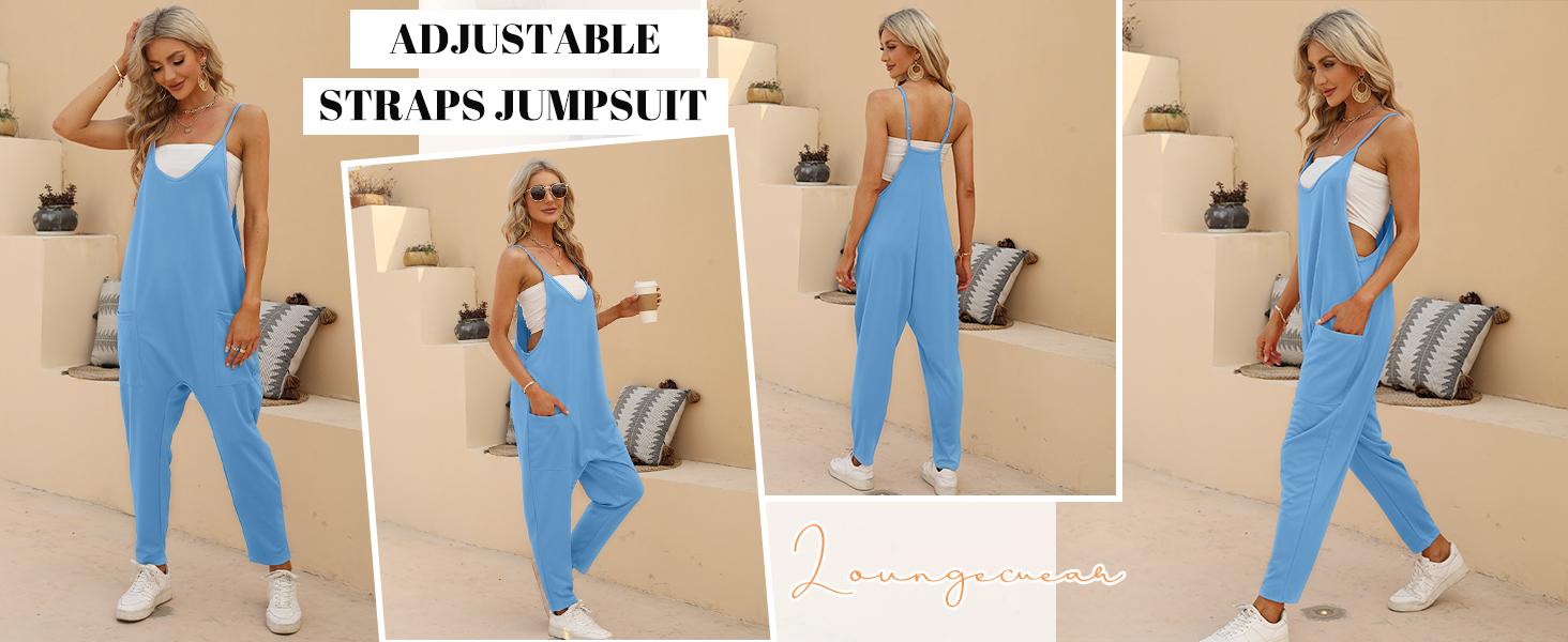 SCUSTY Womens Baggy Summer Jumpsuits V Neck Sleeveless Casual Jumpers for Women Adjustable Strap Romper with Pockets