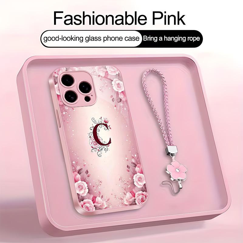 Luxury Rose Floral Monogram Initial Letter Metallic Paint Glass Case for iPhone Elegant Glossy Protective Cover 952