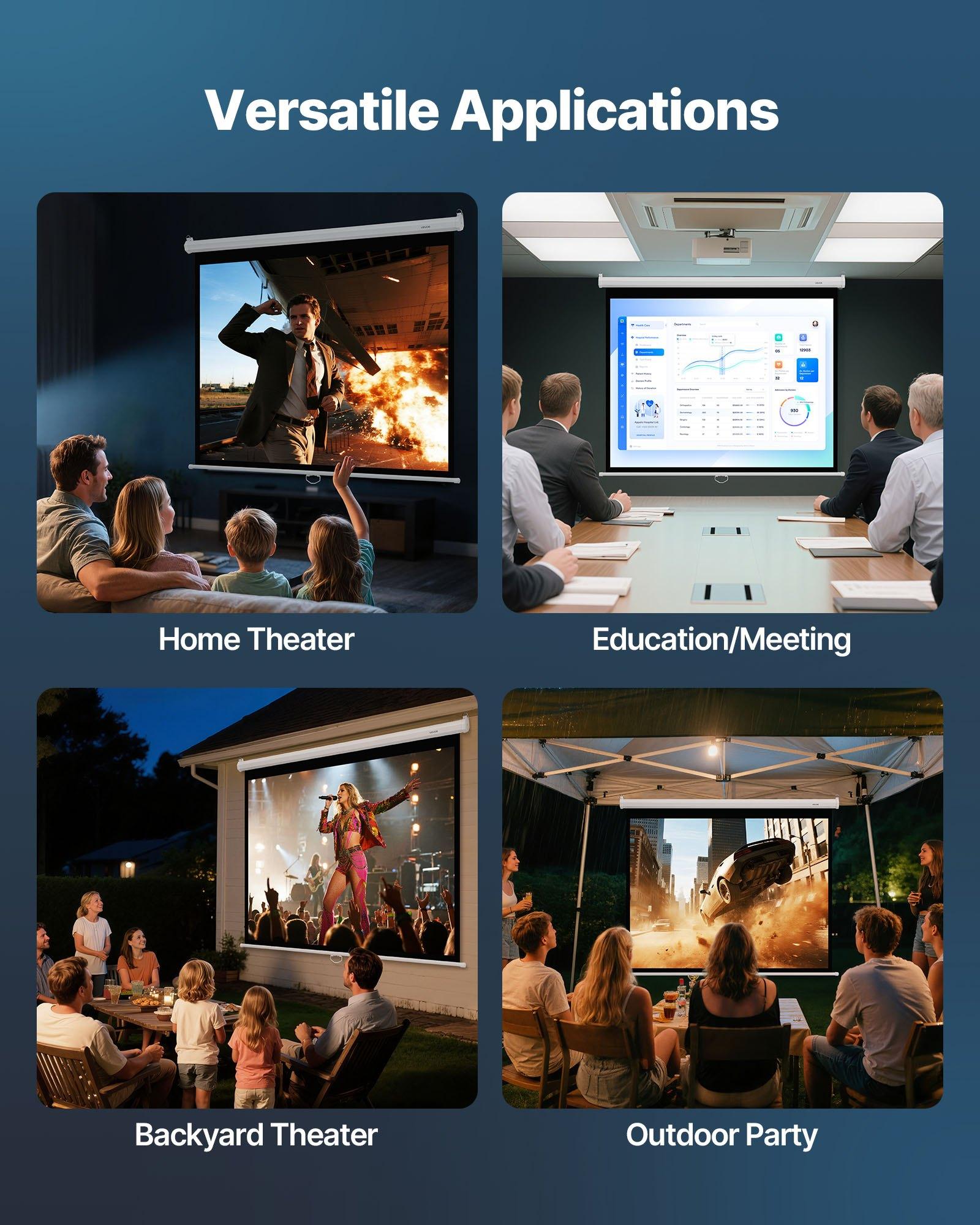 VEVOR Manual Projector Screen, 72 inch 4: 3 4K 1080 HD Retractable Pull Down Projector Screen, Wall Mounted Movie Projection with Pull Rope, Portable Display Projectoin for Family Home Office Theater, Iron, 3D