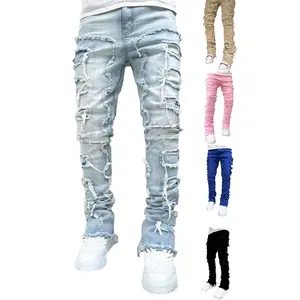 Men Streetwear Hip Hop Stacked Spliced Slim Straight Jeans Pants Male Stylish Motorcycle Biker Denim Trousers, High Cotton Content Distressed Ripped Detail, Elastic Stretch Fabric, Casual Skinny Fit Denim Pants for Urban Outfits
