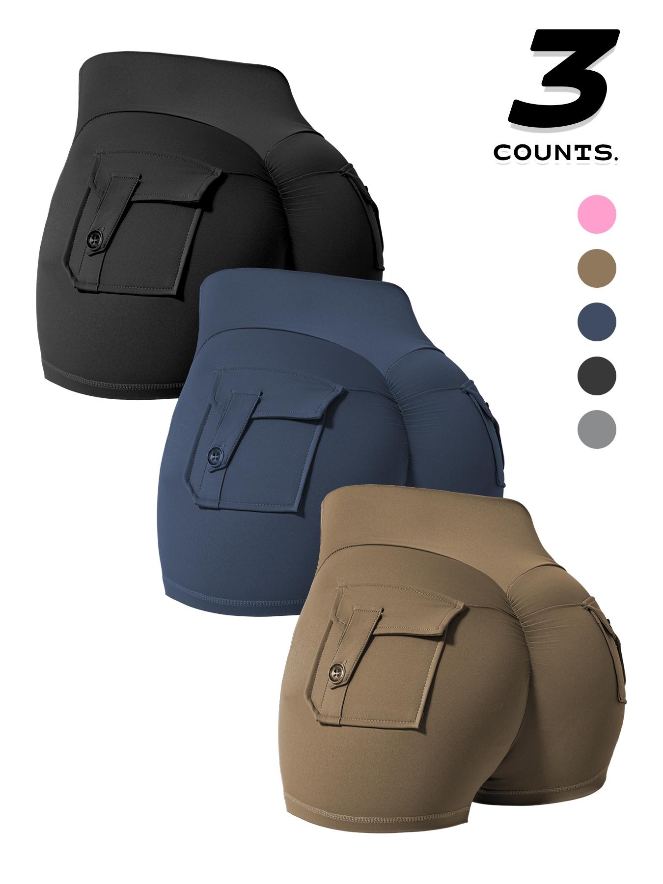 Women's Solid Button Pocket Sports Shorts, High Waist Comfy Breathable Ruched Skinny Sports Shorts for Yoga Gym Workout Running, Ladies Sportswear for Fall & Winter, Breathable Fitness Shorts