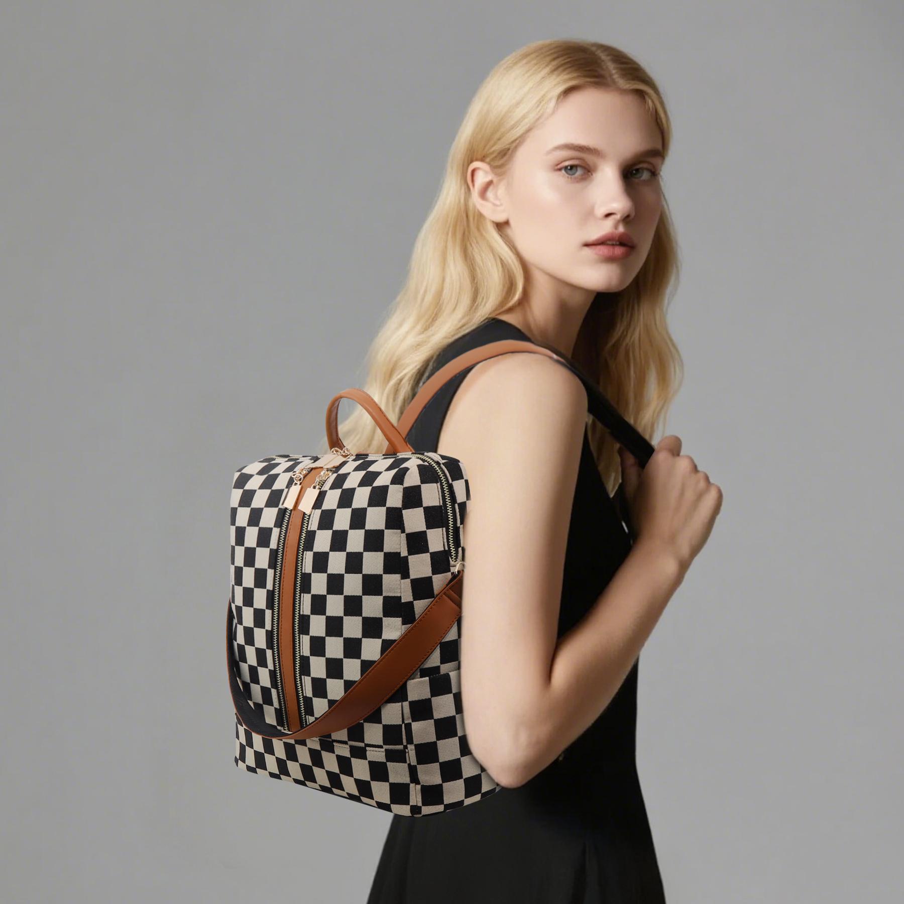 Checkerboard Pattern Backpack Set, Women'S Vintage Trendy Casual Large Capacity Zipper Travel Backpack & Wristlet, Multifunctional Bag Set For Daily Use