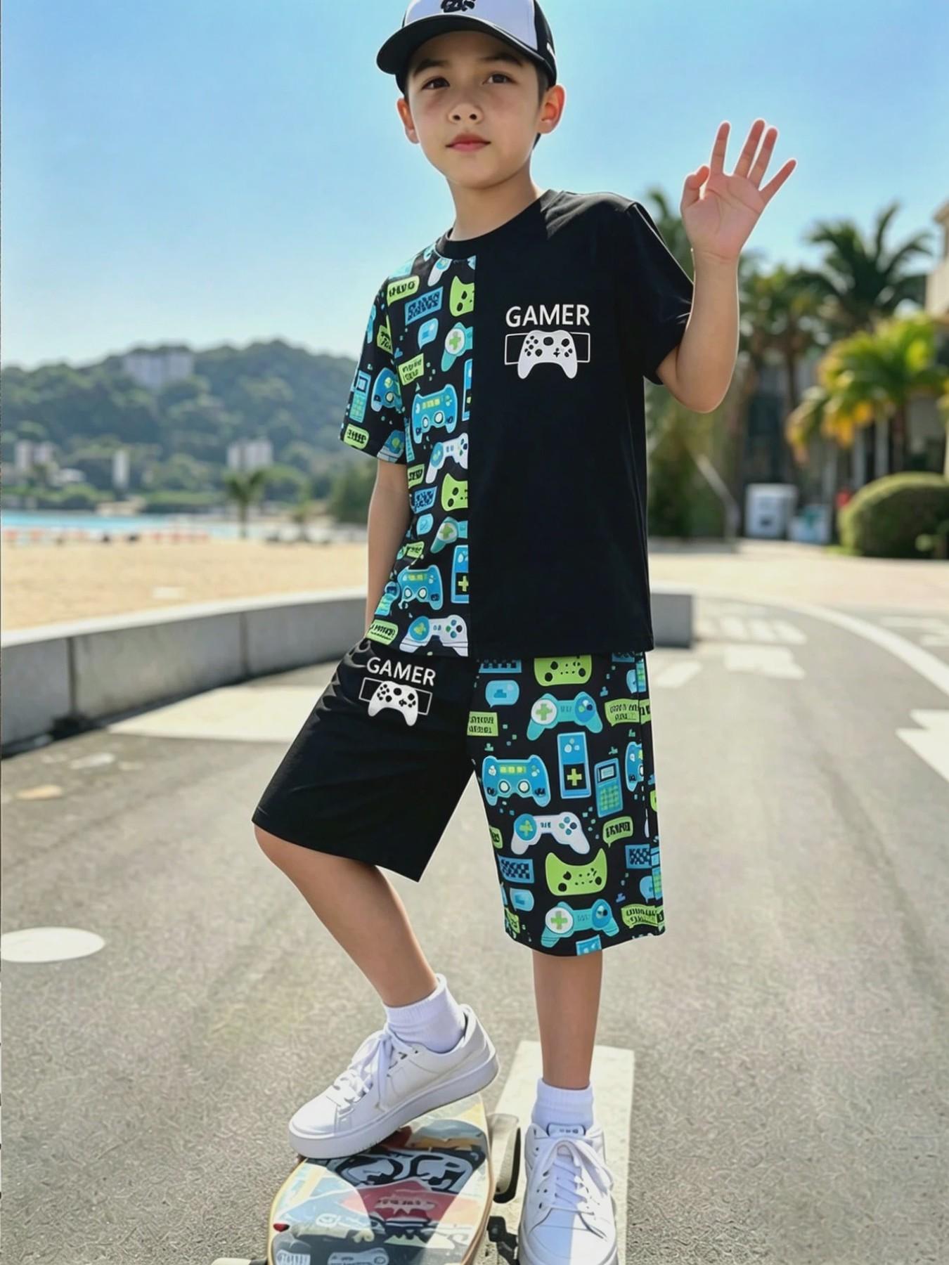 Boys' Cool Trendy Printed Patchwork Solid Color Short Sleeve T-Shirt + Shorts Outfits Set, Casual Home Outdoor Wear, Slim Fit, Summer Clothing Set, Outfit Sets, Clothes Kids