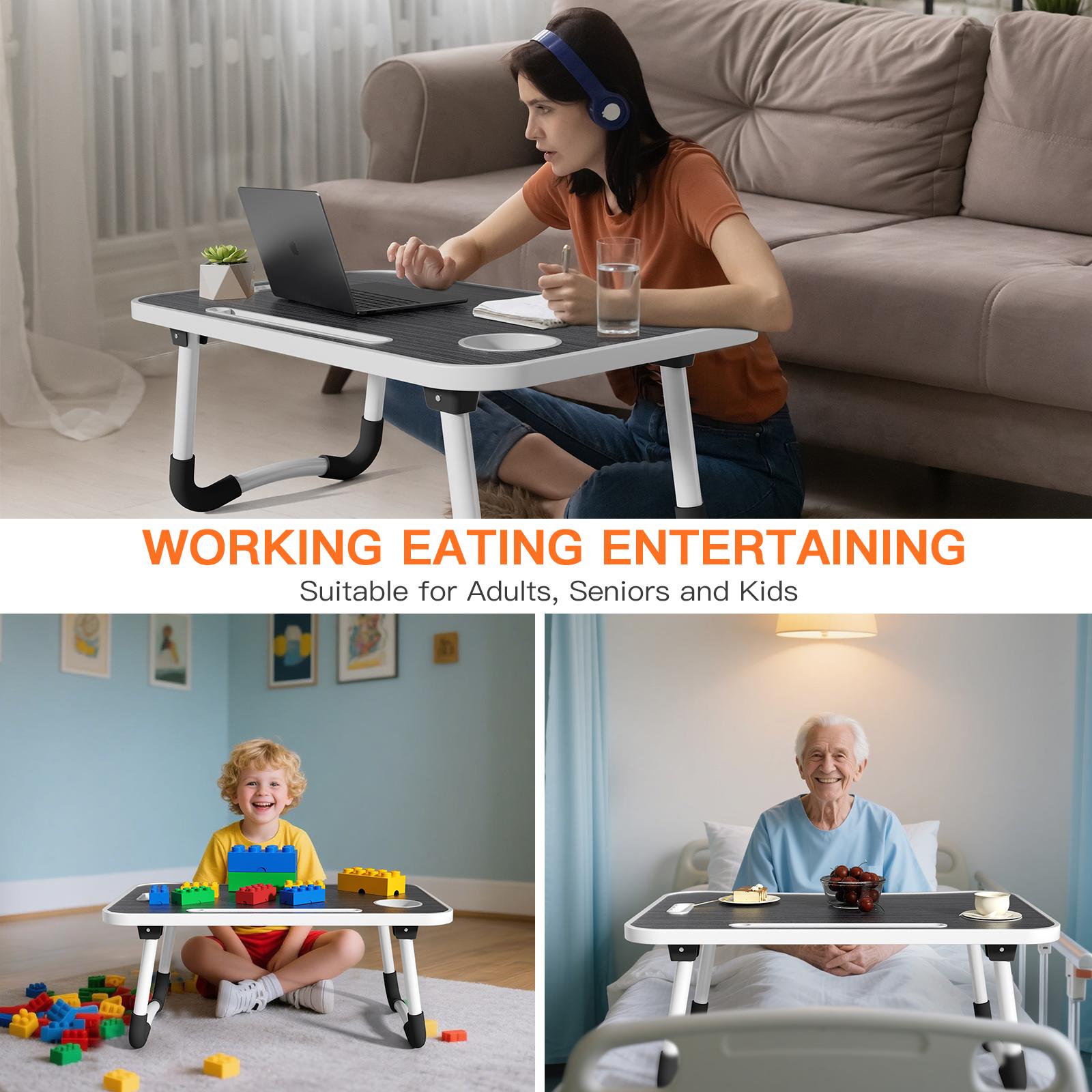 PHANCIR Laptop Desk with 4 USB Charge Port, 23.6" Foldable Wood Laptop Desk with Mini Fan/Light, Durable Edge with Slots Cup Holder & Drawer, for Reading Writing Eating & On-the-Go Use