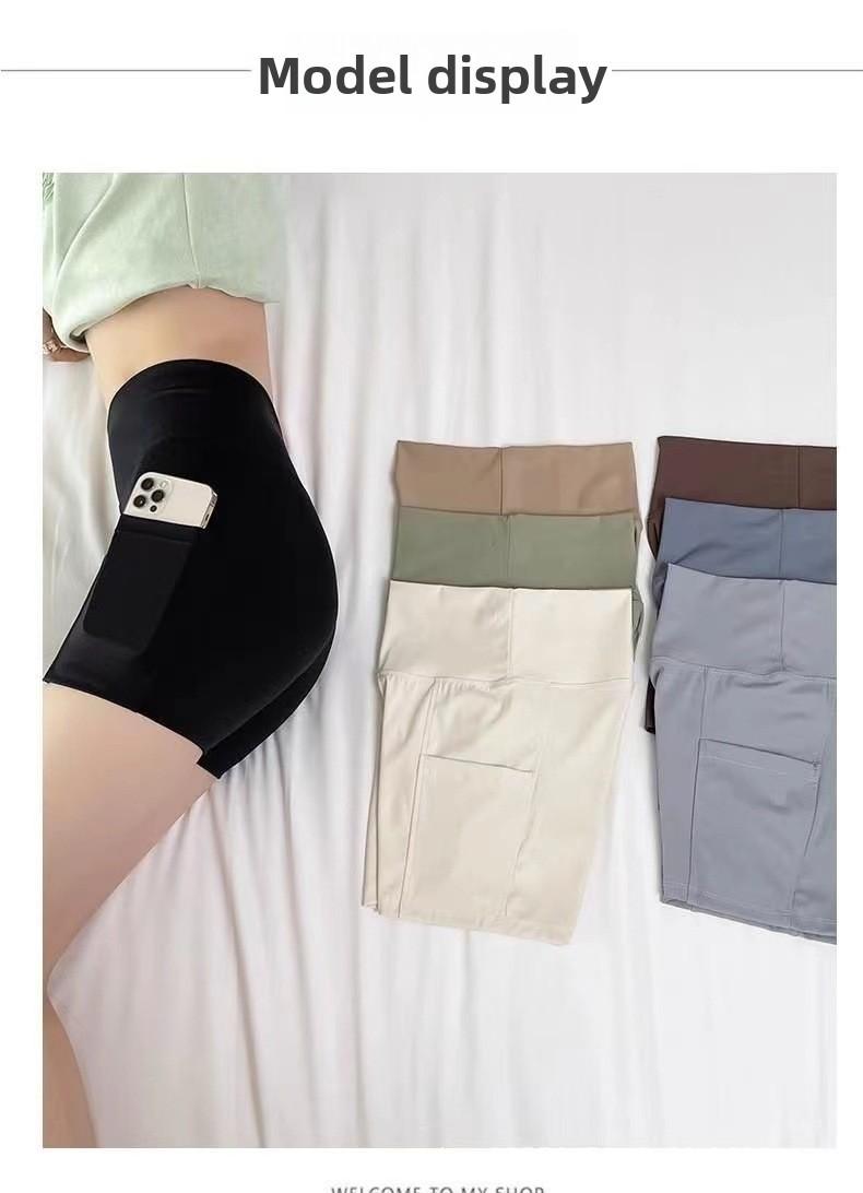 New pocket sharkskin leggings for women, anti-exposure, three-quarter length, high-waisted safety pants, tummy control, slimming yoga shorts