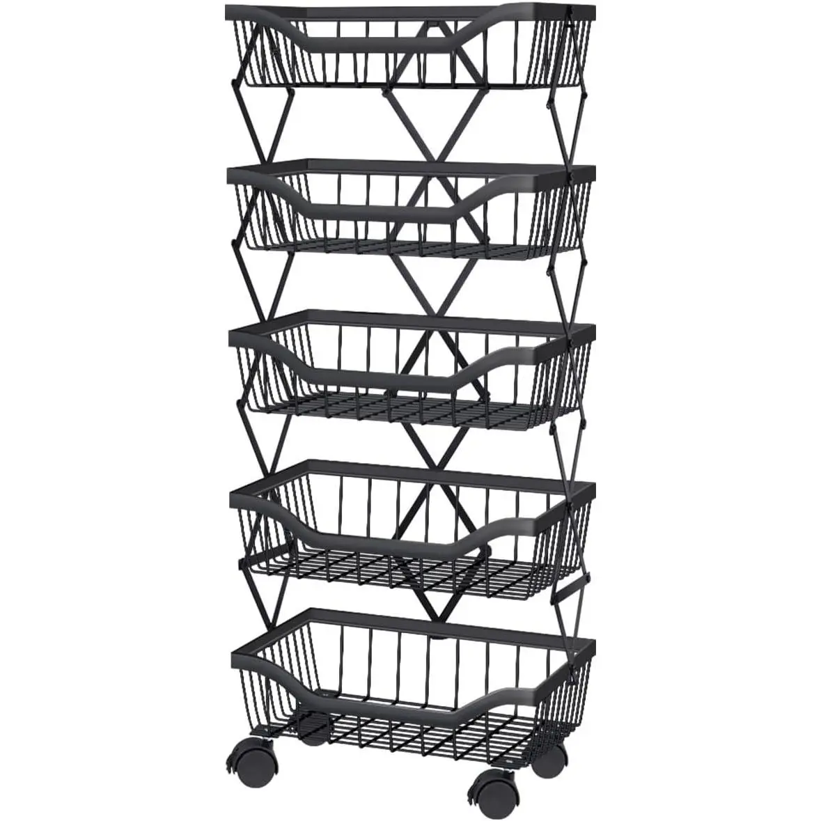 5-Tier Compact Stack Functional Metal Wire Fruit Vegetable Organiser Rack with Wheels, Kitchen Cart Storage Holder for Onions, Potatoes, Bread, Snacks, Everyday Use, Black