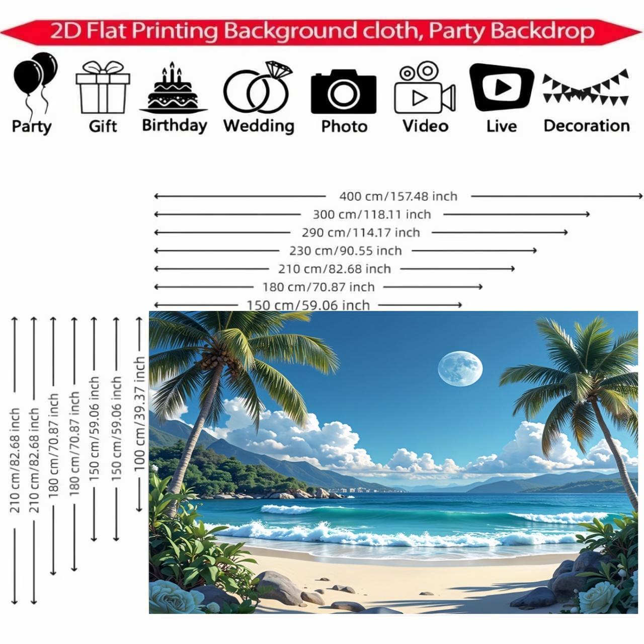 2D Flat Seaside Background Decoration Supplies, 1 PC Hawaiian Beach Scene Hanging Cloth - Tropical Party Banner with Palm Trees, Waves and Full Moon, Perfect Gift for Weddings, Birthdays, Anniversaries and All Seasons Home and Event Decoration, Hawaiian P