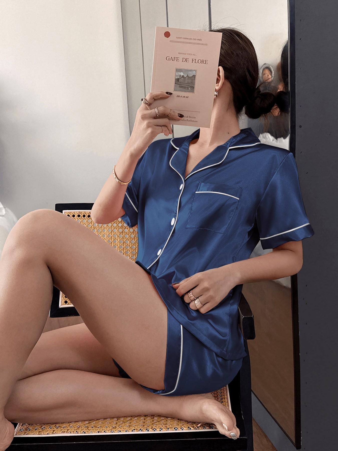 Women's Silk Sleepwear Set, Short Sleeve Homeewear, Soft Button Front, 2-Piece Satin Pajamas with Shorts, Spring & Fall