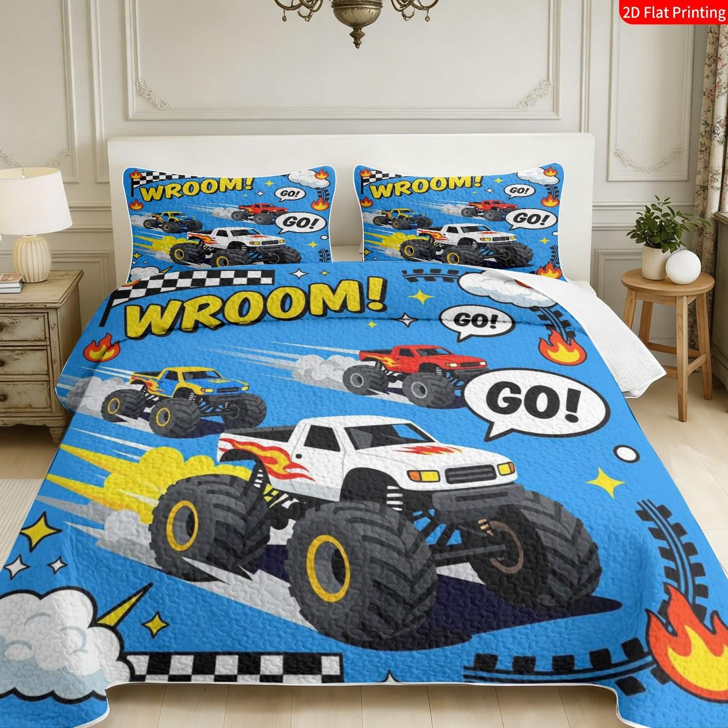 TikTok Made Me Buy It! Boys' Favorite Monster Truck Bedding 3Pcs Set | 1 Bedspread & 2Pillowcases, Racing Car Theme, Perfect Gift for Kids