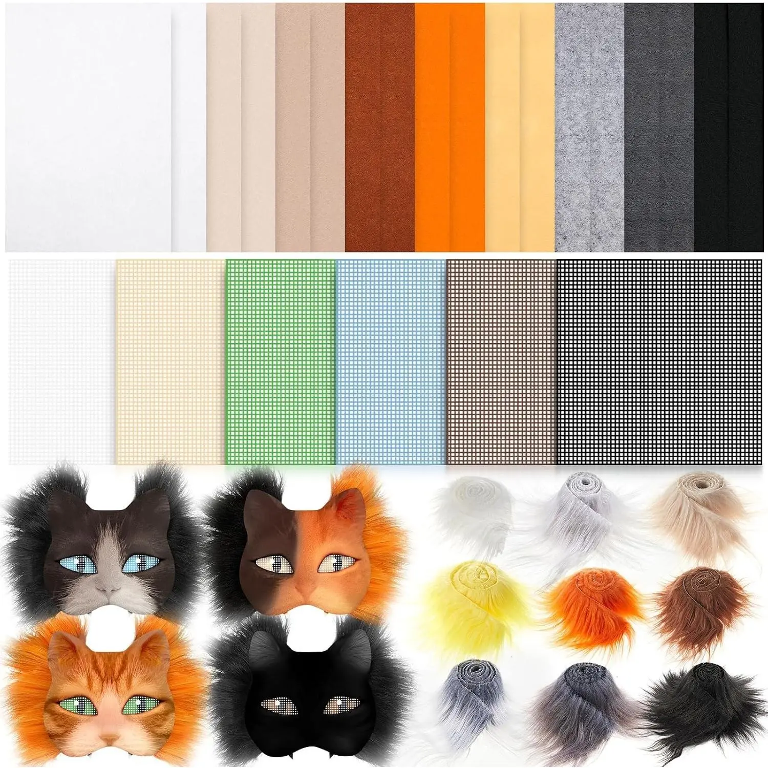 DIY Therian Mask Kit Felt Fabric Faux Fur Strips Plastic Mesh Sheets for Therian Gear Stuff