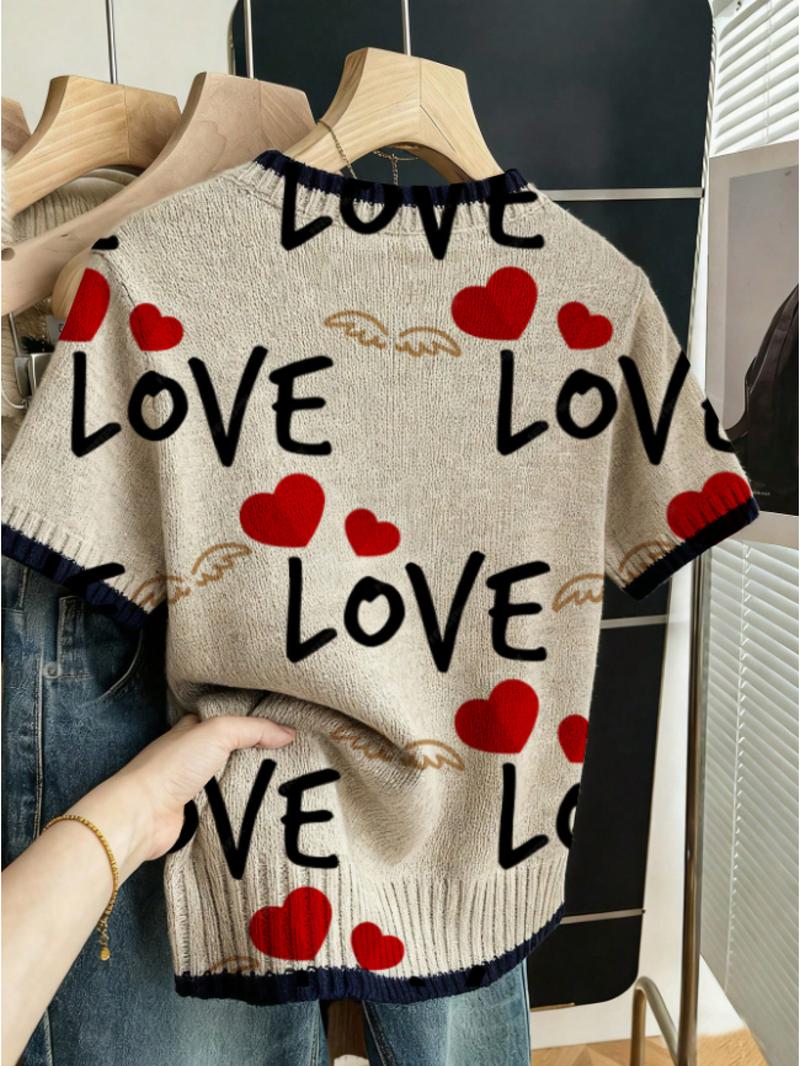 Heart and Letter Print Round Neck Sweater, Casual Short Sleeve Knitwear for Spring, Summer and Fall, Comfortable Warm Women's Clothing