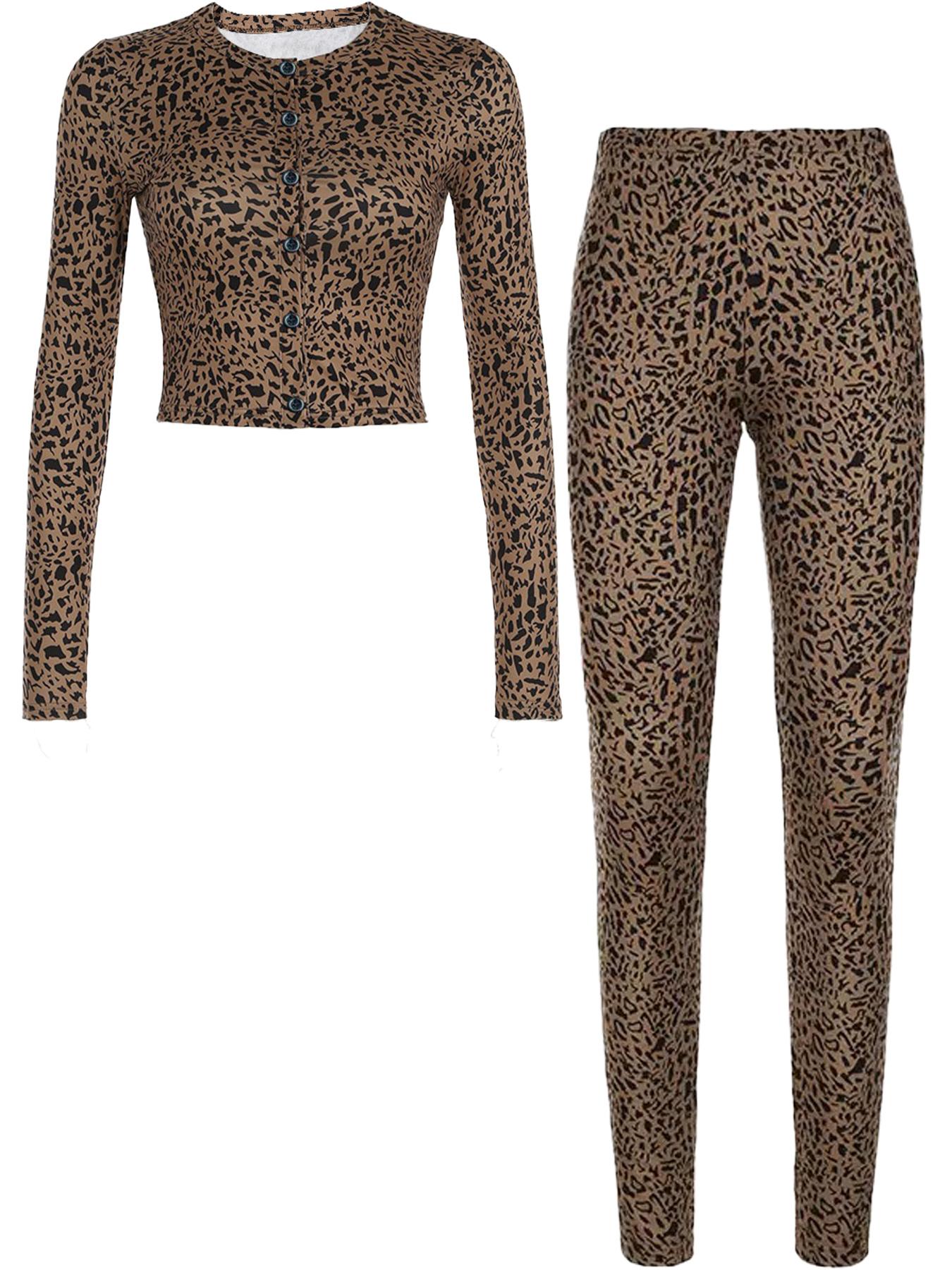 Women's Sexy Leopard Print Cardigan Set, Button Front Long Sleeve Crop Top & Elastic Waist Pants, Autumn Winter Fashion