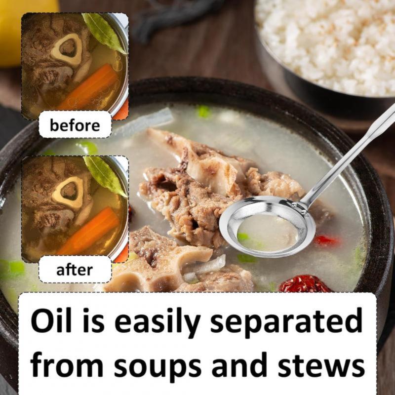 Stainless Steel Fat Skimmer Spoon – Extra-Large & Long Handle Fine Mesh Strainer for Cooking, Frying, Oil, Foam & Grease Removal, Kitchen Tool, Kitchen Utensils Gadgets